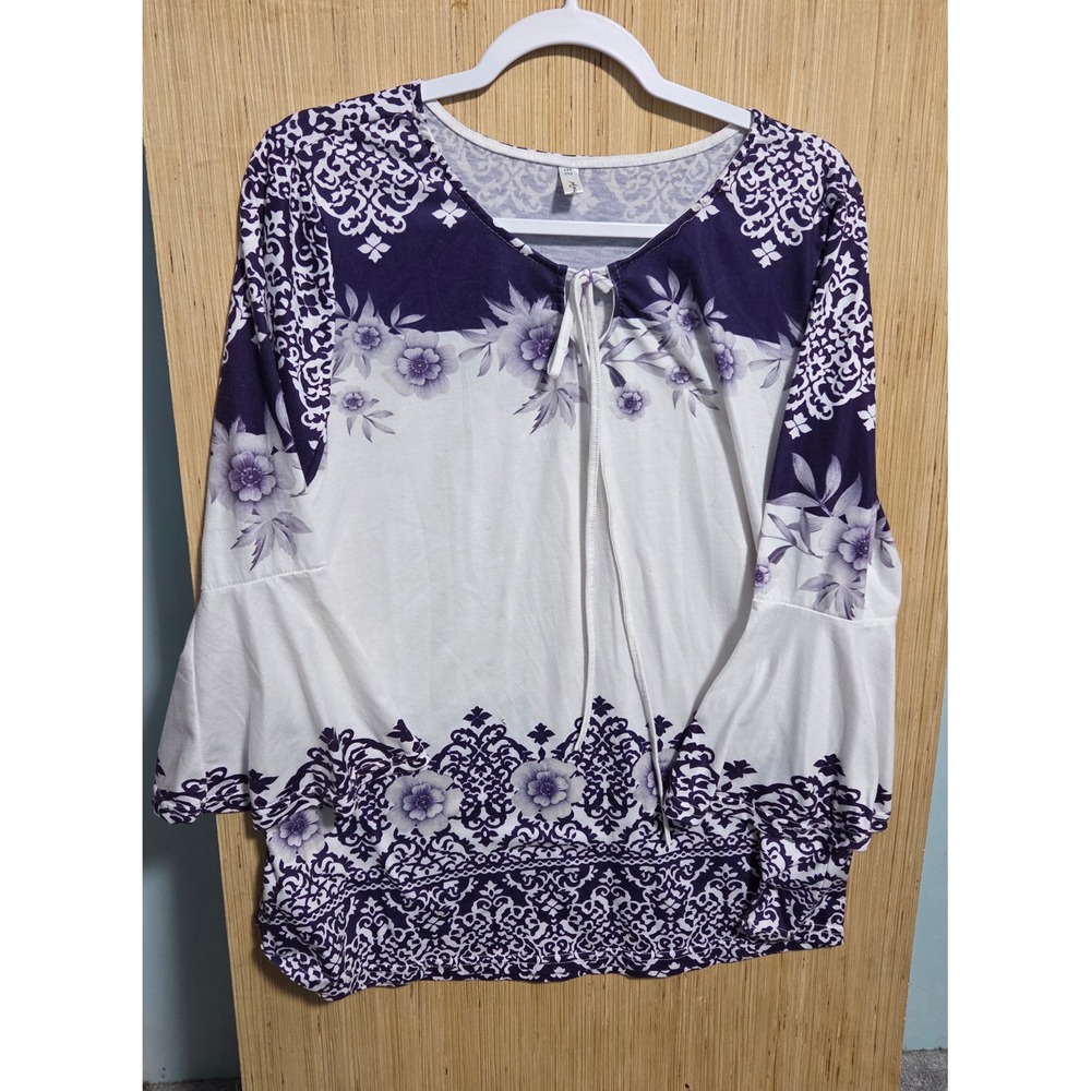 Rosegal Purple White Floral Damask Bell Sleeve Tie Neck Blouse Top Womens 2XL